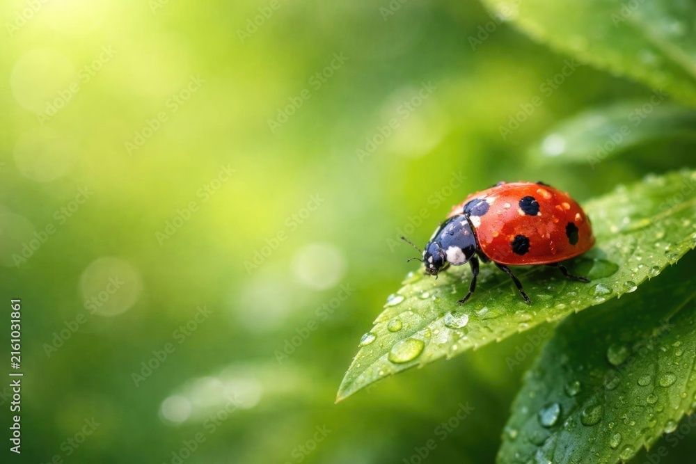 Fototapeta premium Ladybug Crawling on Dewy Green Leaf in Soft Natural Light