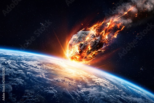 Large asteroid entering earth atmosphere with fire and smoke in space