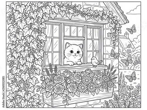 Illustration of a curious cat peeking through a window surrounded by blooming flowers and butterflies