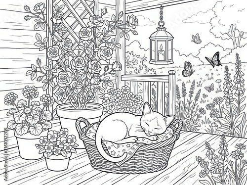 Intricate black and white line art illustration of a cozy cottage garden scene with flowers and plants