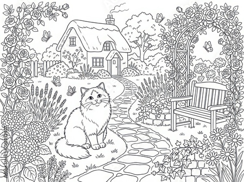 Intricate black and white line art illustration of a quaint cottage garden scene with flowers and butterflies