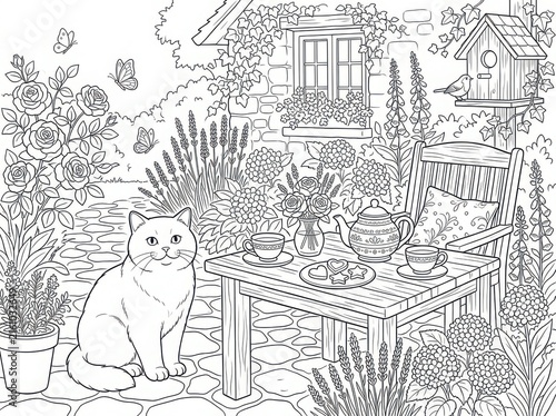 Whimsical garden scene with a white cat sitting by a wooden table set for tea time