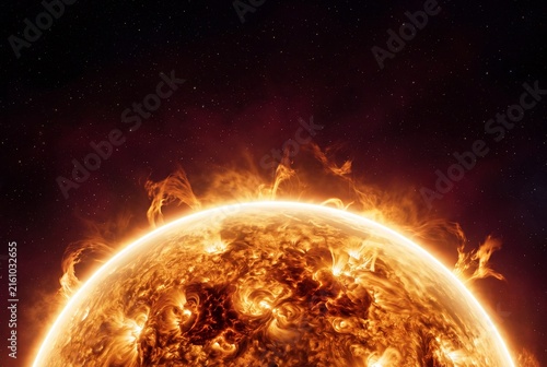 Closeup of the sun surface with solar flares and plasma eruptions in deep space