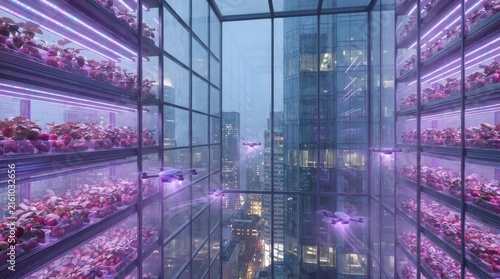 Vertical urban farm with glowing purple hydroponic lights.