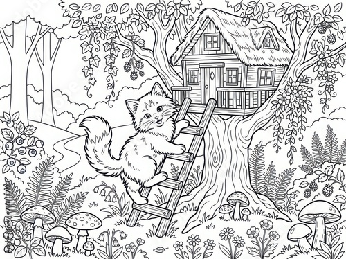 Intricate black and white line art illustration of a cozy cottage surrounded by nature and mushrooms
