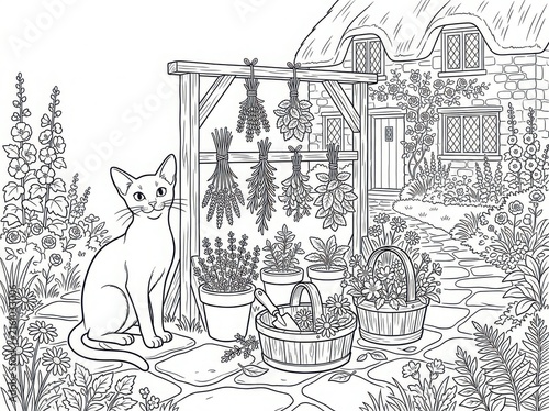 Intricate black and white line drawing of a cozy cottage garden with a cat sitting by potted plants and herbs