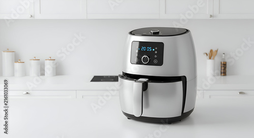 Modern silver air fryer in a pristine white kitchen setting. Air fryer appliance, standing on a countertop with white cabinets and containers, in a contemporary kitchen.