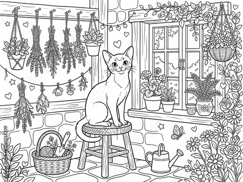 Whimsical illustration of a cat sitting on a stool surrounded by hanging plants and flowers