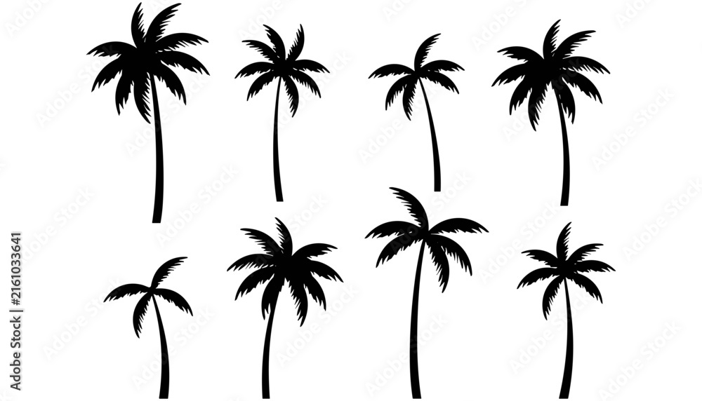 Fototapeta premium Tropical Palm Tree Silhouette Vector Set with Black Isolated Coconut Trees for Summer Beach Party Travel and Resort Graphic Designs