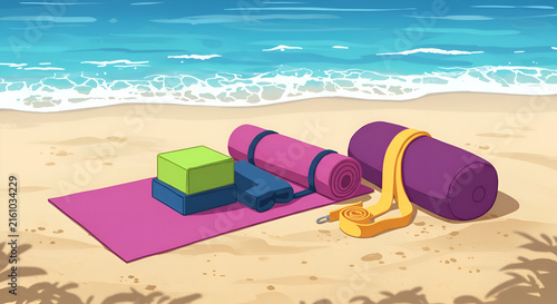 Yoga equipment displayed on a sandy beach. Yoga mat, blocks, and a bolster rest on the shore near the ocean waves.