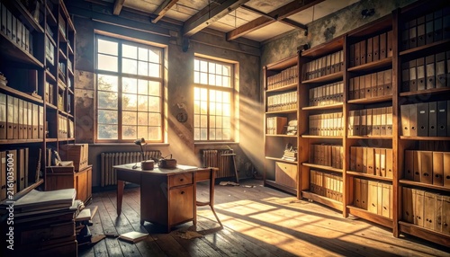 Vintage office with sunlit windows, overflowing bookshelves, and a wooden desk, evoking history and study.