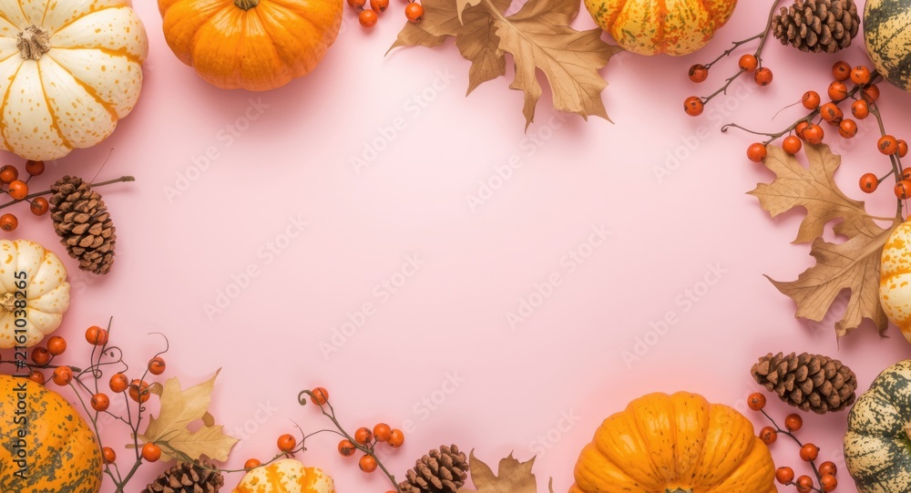Obraz premium Colorful Autumn Pumpkins and Leaves Arrangement on Pink Background