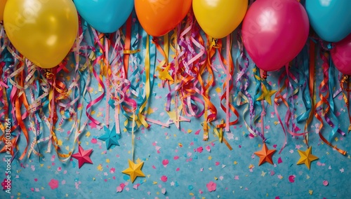 Colorful Balloons and Streamers Decorated for a Celebration on a Bright Blue Background
