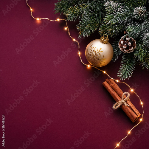 Christmas background with golden bauble, pine tree and cinnamon