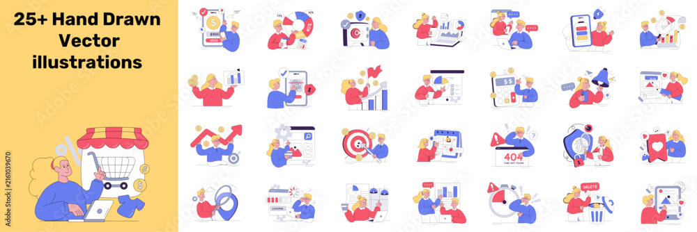 Fototapeta premium Business editable flat illustrations set. Editable stroke, vector illustrations