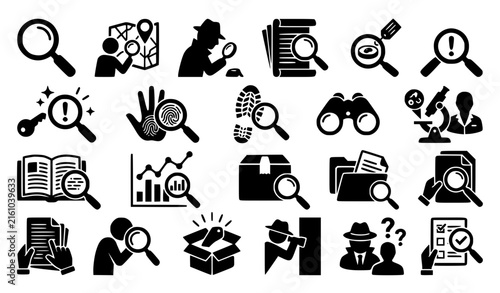 Modern Investigate Black Silhouette Icons Collection with Search Research Detective and Discovery Symbols