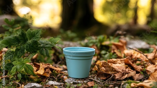 A light blue collapsible cup rests among fallen leaves and green foliage in a sunlit forest setting