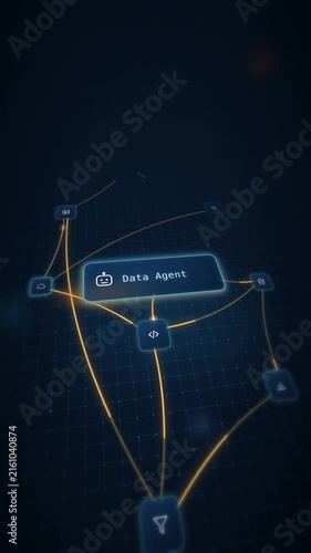 AI Agent Mesh Data Warehouse Visualization, Dynamic Data Flow Animation, Abstract Technology Background, Digital Network, Seamless Loop, Data Analytics, Futuristic Interface