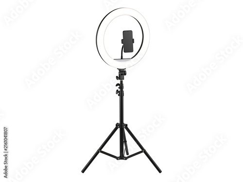 A professional led ring light with a smartphone holder mounted on an adjustable tripod stand, isolated on white background