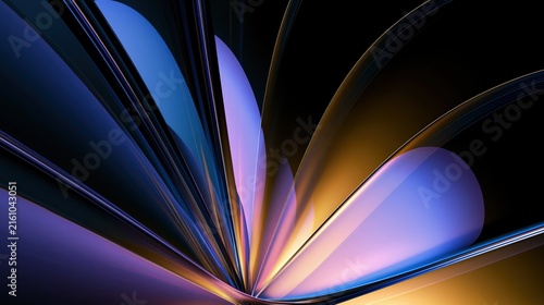 Fan shaped glass ribbons with luminous iridescent light reflections