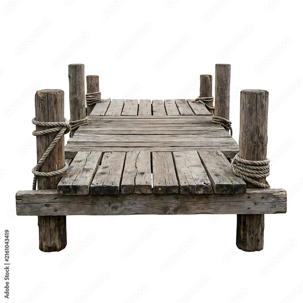 Fototapeta premium A rustic wooden pier or dock with weathered planks and thick ropewrapped pilings, isolated on white background