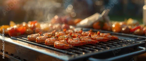 Obraz  z motywem Grilled Shrimp on Barbecue Grill with Vegetables and Steaming Background at Sunset