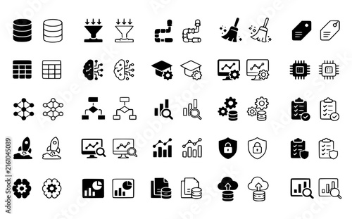 Data Science and Machine Learning Line Icons Set - Vector Symbols for Data Pipeline, Artificial Intelligence, Analytics, Database, and Algorithm