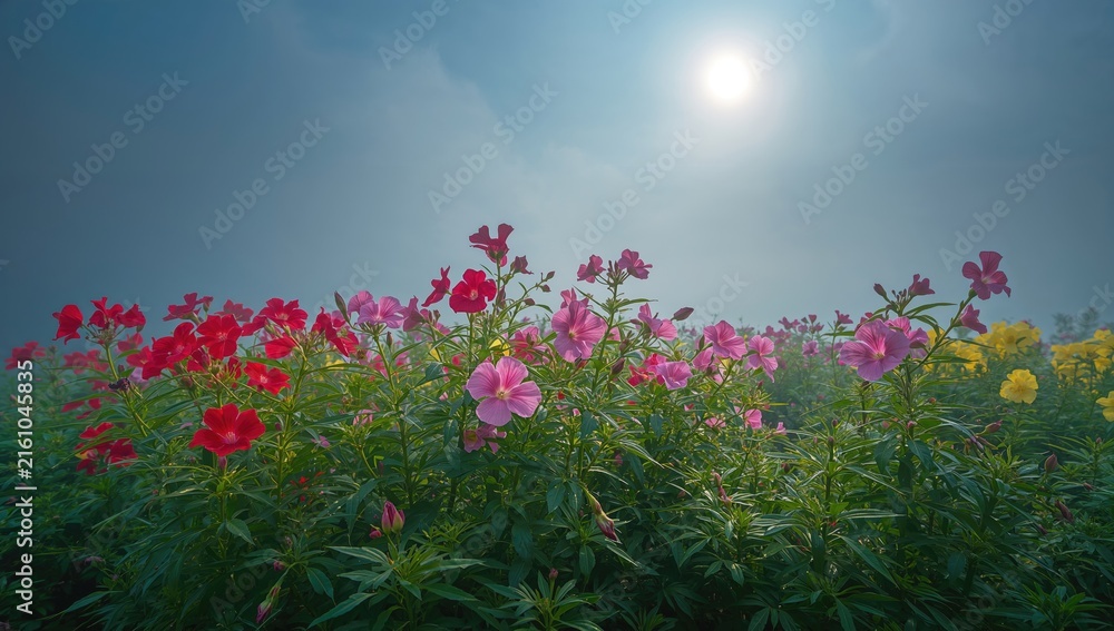 Obraz premium Colorful Blooming Flowers Under Soft Sunlight in a Misty Field