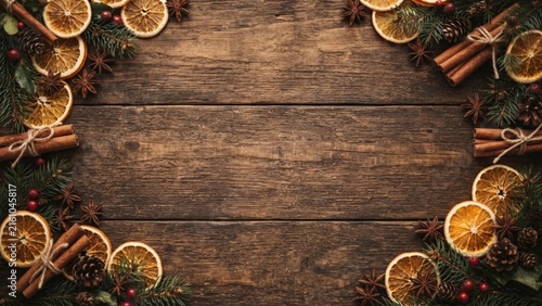 Rustic Christmas background with dried orange slices, cinnamon sticks, and pine branches on wooden table