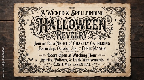 Vintage Halloween revelry event poster template on old paper texture background with ornate frame typography