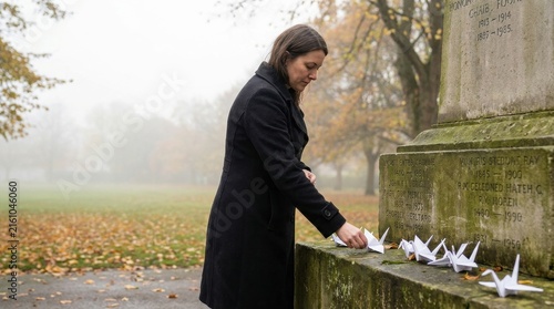 Woman placing origami cranes at a memorial