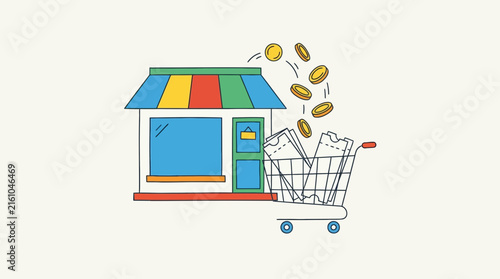 Retail Shopping Concept Vector Illustration with Storefront Cart and Falling Gold Coins for E-commerce Website Banner Hero Header with Copy Space