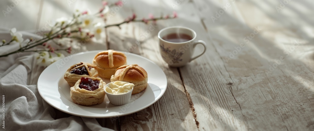 Fototapeta premium Freshly Baked Scones with Cream and Jam on a Table with Tea and Flowers in Soft Light