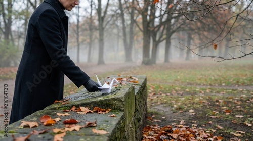 Remembrance and Reflection: A solitary figure in a dark coat places a delicate paper crane on a moss-covered stone wall in a park setting. The atmosphere is somber.