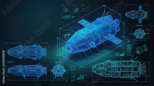 Spaceship Blueprint: A futuristic spaceship design displayed in a detailed blueprint, showcasing its complex engineering and schematics.