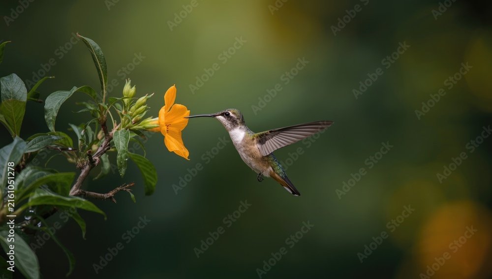 Naklejka premium Hummingbird Feeding on a Bright Yellow Flower in Soft Natural Light