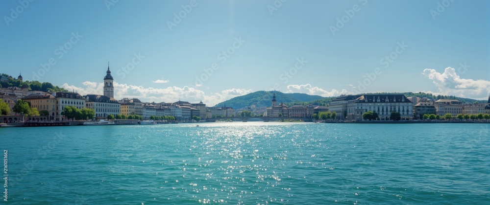 Fototapeta premium Panoramic View of a Waterfront City under a Clear Blue Sky
