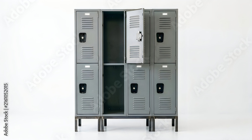 Set of grey metal school lockers with one door open illustration