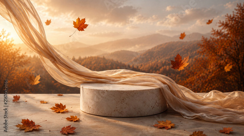 Sheer Fabric Drapes Elegantly Over a Marble Podium in an Autumn Landscape, Flowing Textile, Luxury Display, Seasonal Showcase, Warm Golden Light