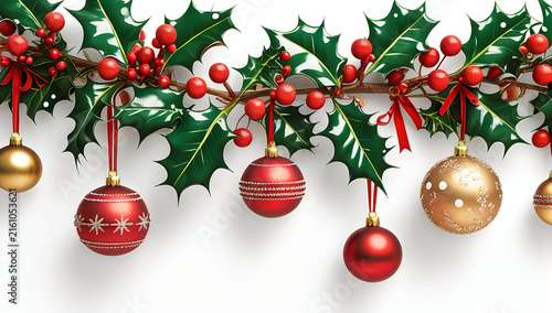 Christmas holly garland with red and gold decorative balls illustration