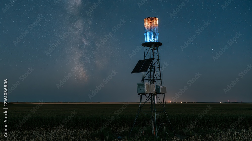 Naklejka premium Illuminated scientific tower under a starry sky at dusk