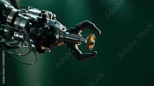 Robotic arm precisely manipulates a golden mechanical component against a dark green background