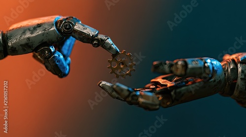 Robotic hands exchange a tiny gear, symbolizing creation and collaboration