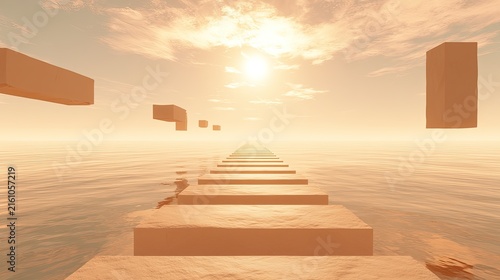 Surreal path of floating blocks ascends into bright, hazy sky over water