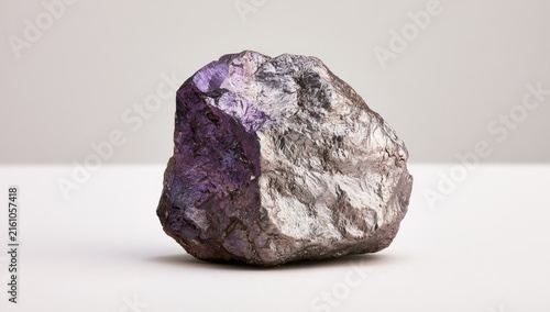 Iridescent metallic mineral chunk reflects light, showcasing purple and silver hues
