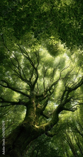 Majestic, ancient tree reaching upwards, light filtering through lush green canopy