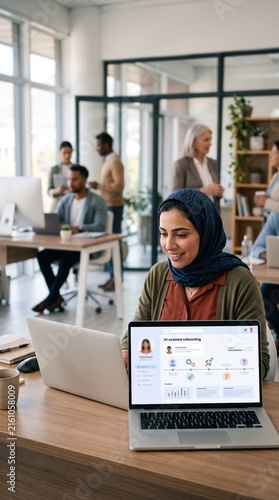 Muslim woman works on laptop showing AI assisted onboarding interface. Modern office background with diverse team. Illustrates digital HR solutions and workplace technology integration.