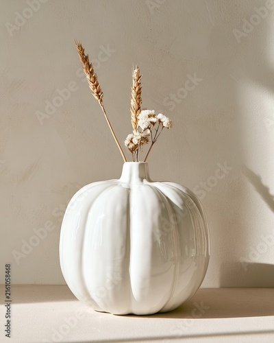 A white, segmented vase shaped like a pumpkin holds dried plants