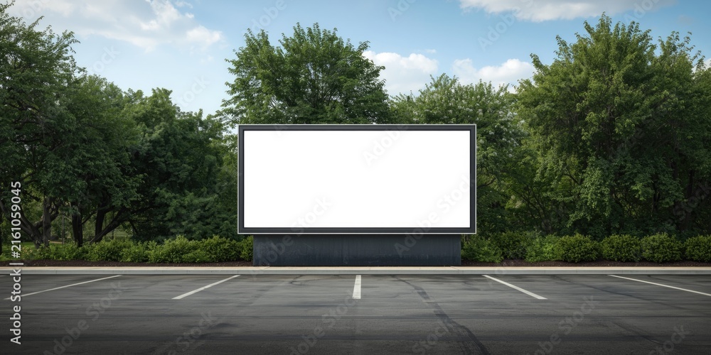 Obraz premium Blank Billboard in an Empty Parking Lot Surrounded by Lush Green Trees