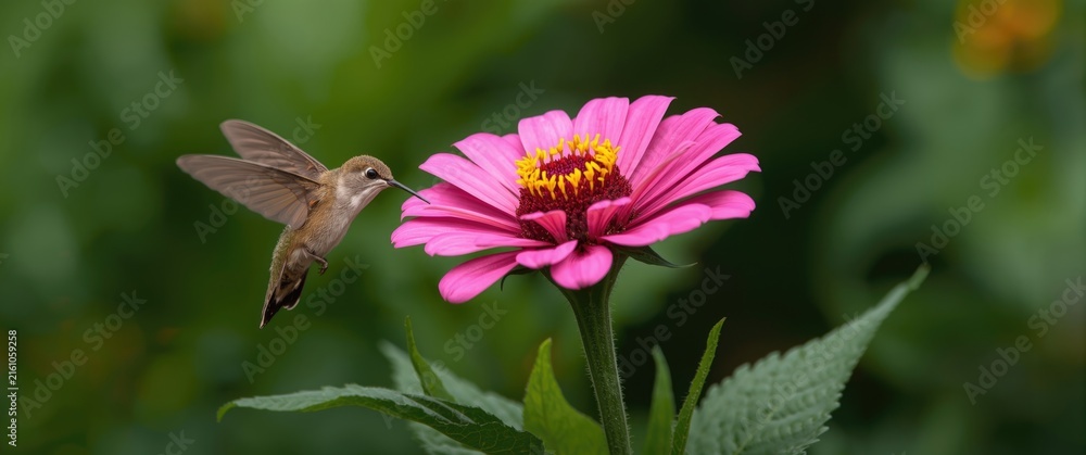 Naklejka premium Hummingbird Hovering Near a Pink Flower in a Garden Setting